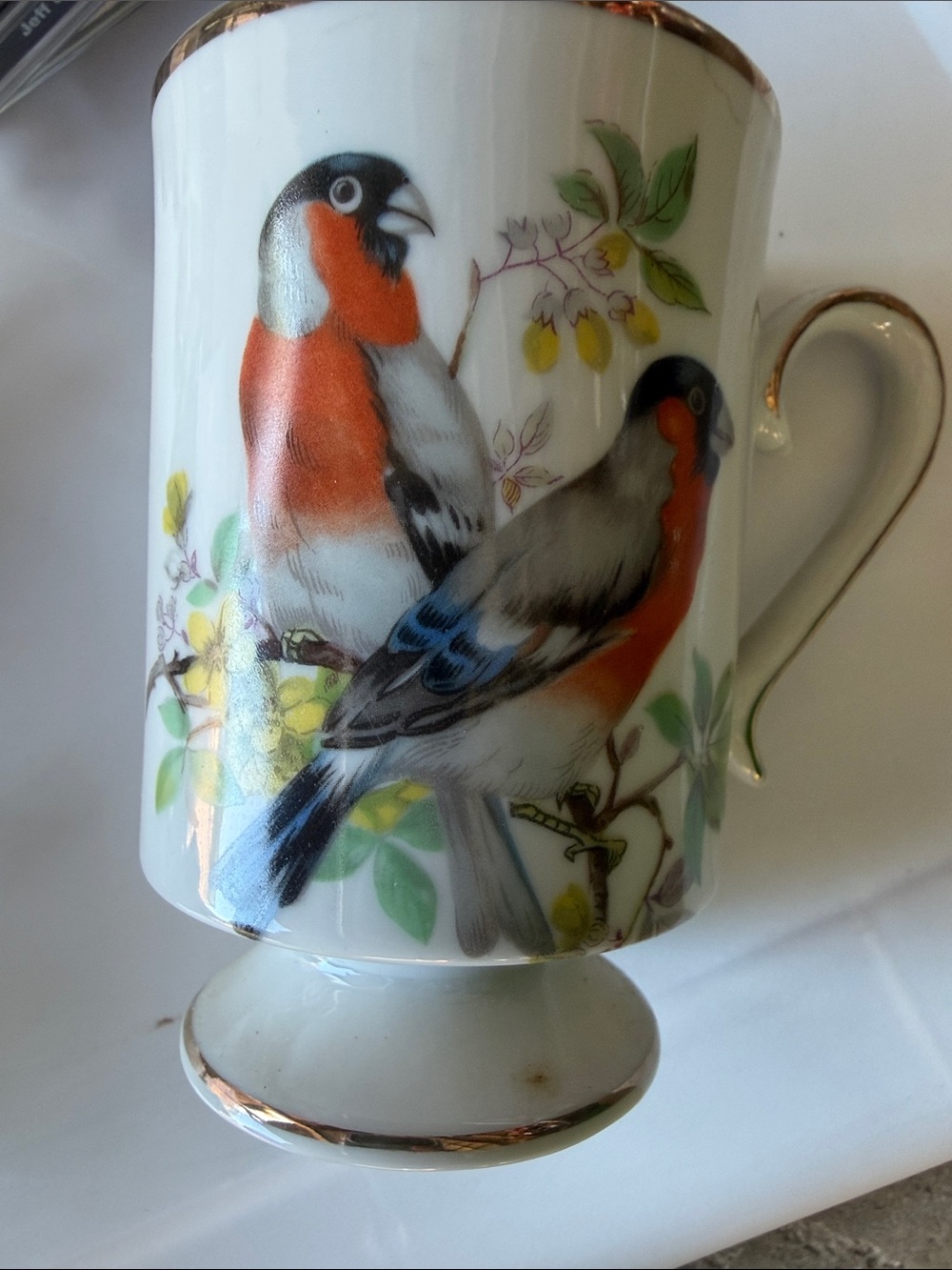 Porcelain Bird Footed Mug with Red and Blue Finch Motif